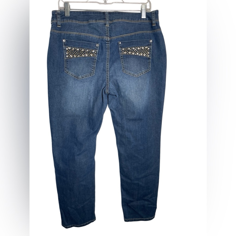 Chico’s Platinum jeans size 8 blue ankle jeans Rhinestone embellished‎